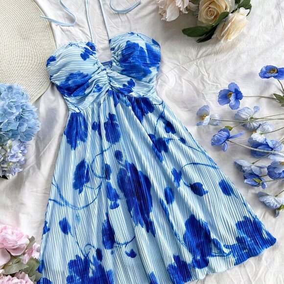 Blue Boho Women's Vacation Tie Dye Floral Print A-Line Bow Tie Mini Dress - Picture 1 of 5